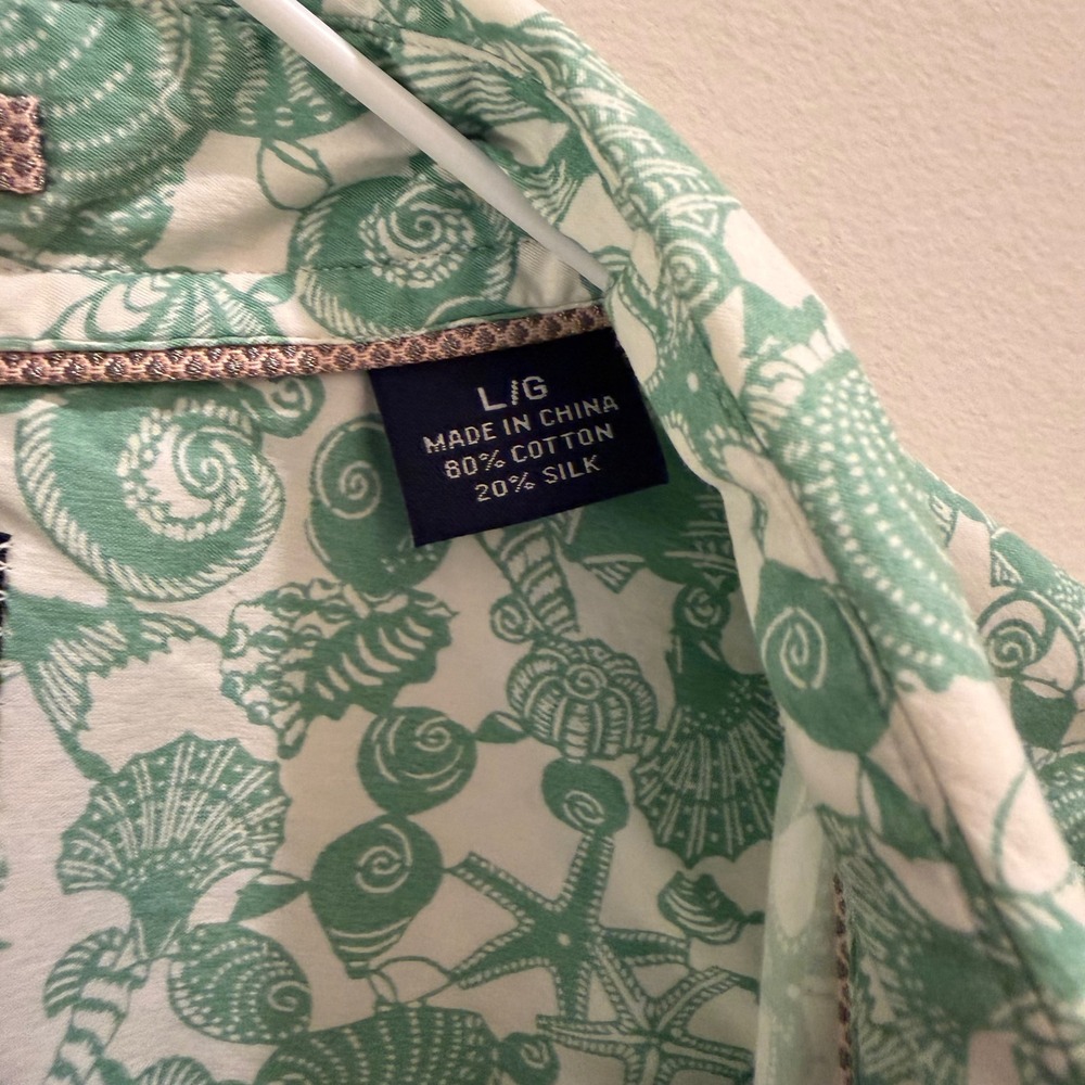 Tommy Bahama Mens Large Green White Sea Shell Starfish Cotton Silk Aloha Shirt - Picture 3 of 4